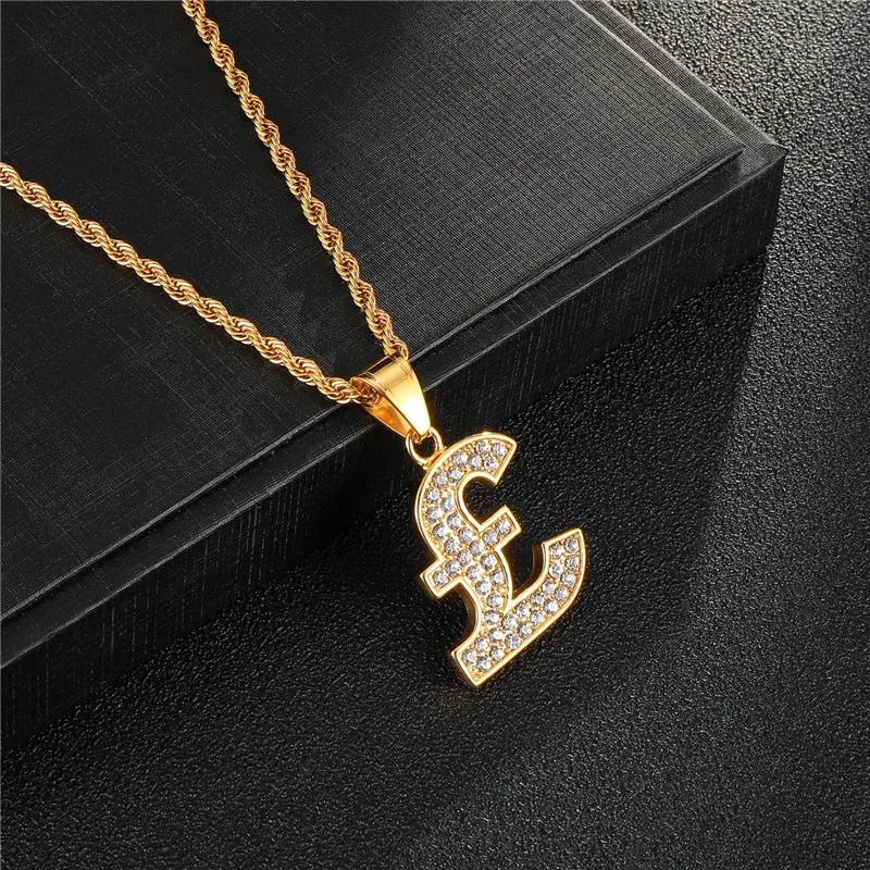 Rhinestone-Studded Gold-Plated Pound Bling Stainless Steel Hip-hop Pendant Necklace