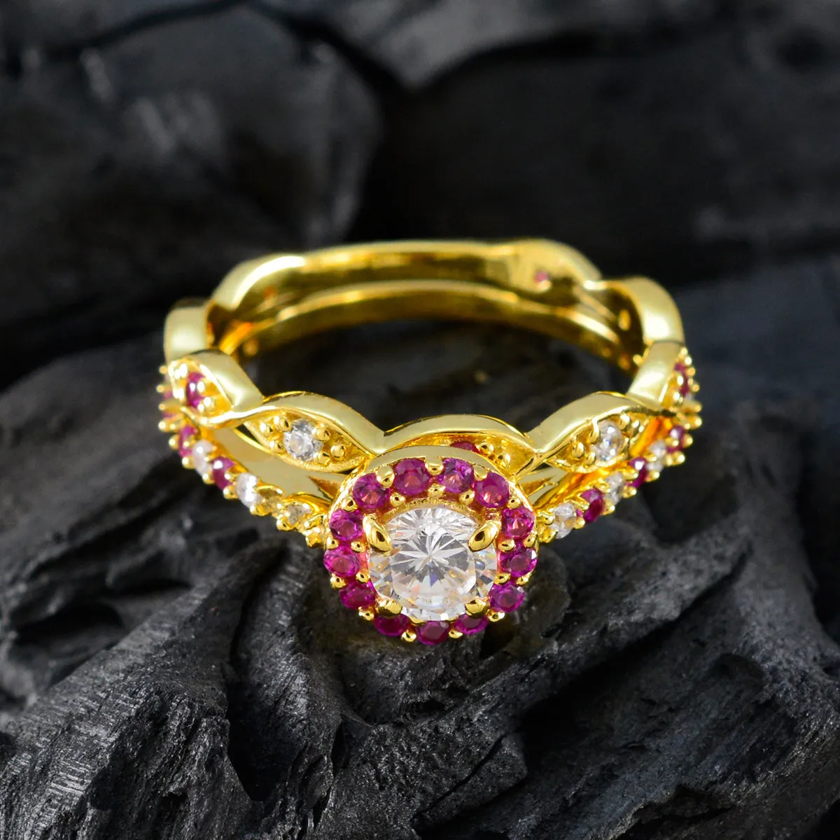 Riyo Bulk Silver Ring With Yellow Gold Plating Ruby CZ Stone Round Shape Prong Setting Ring