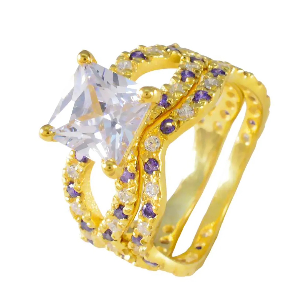 Riyo Charming Silver Ring With Yellow Gold Plating Amethyst Stone Square Shape Prong Setting Handamde Jewelry Engagement Ring