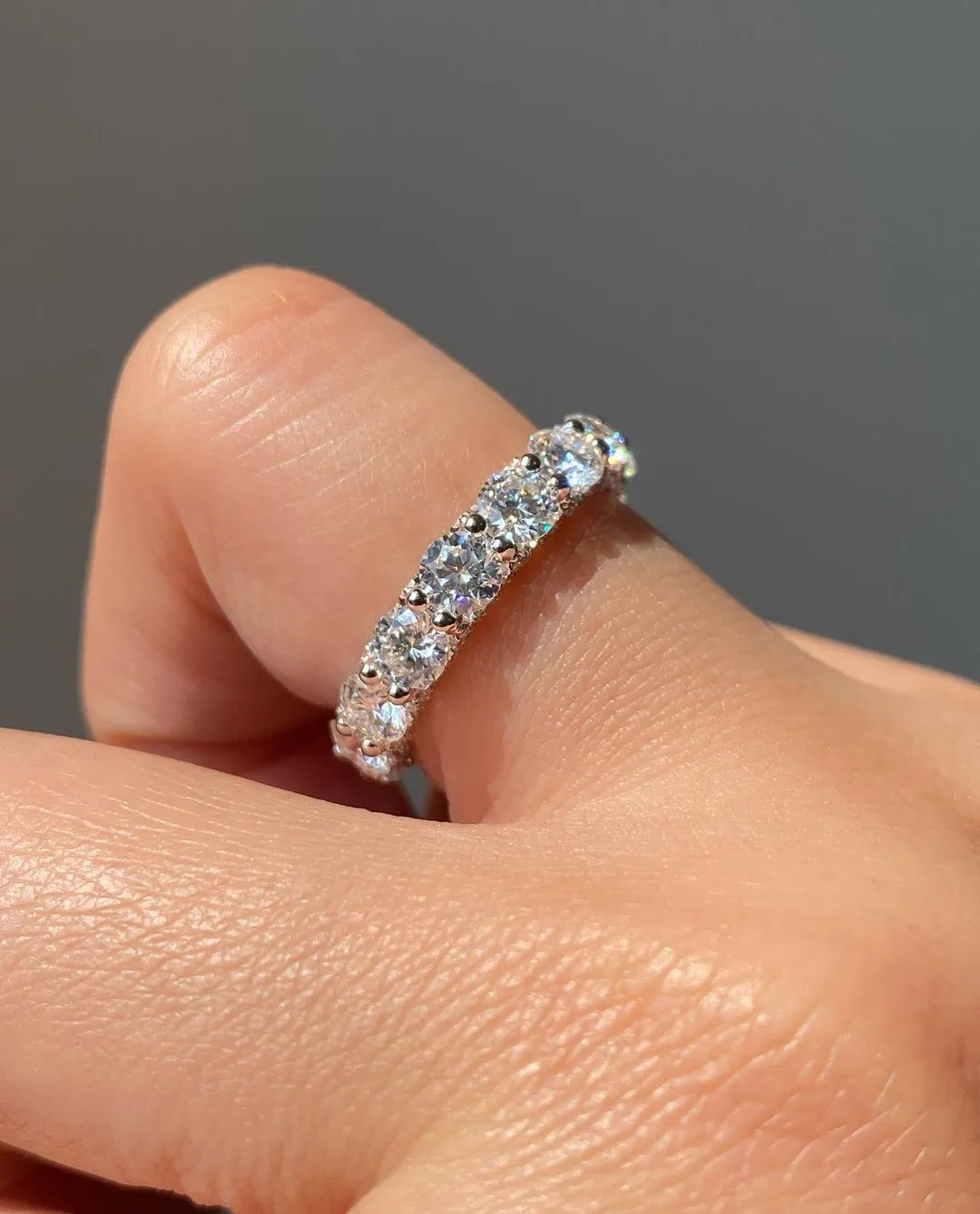 Round Cut Colorless Moissanite Wedding Band, Full Eternity Band