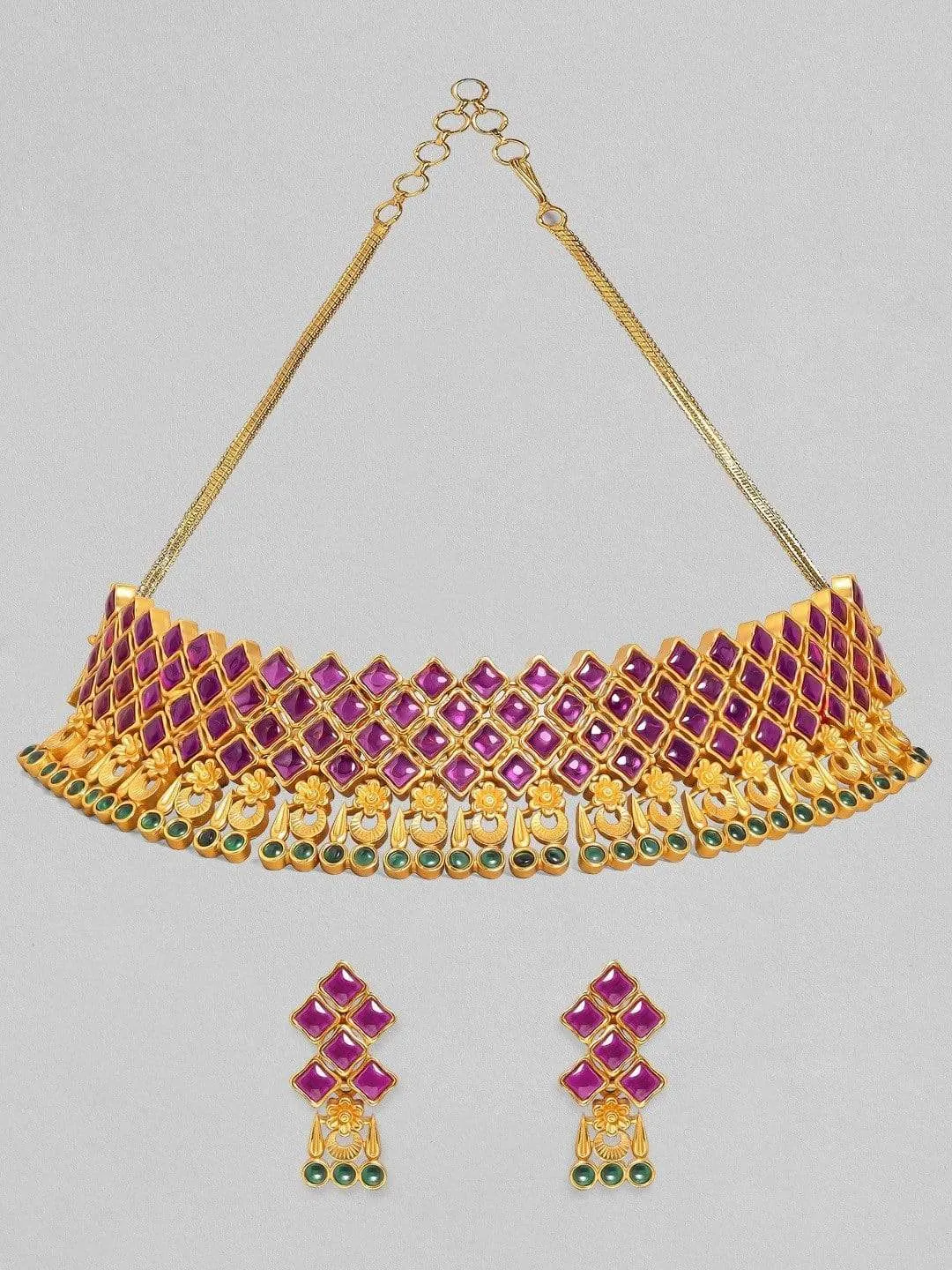 Rubans 24K Gold-Plated Purple & Green Ruby-Studded Handcrafted Jewellery Set