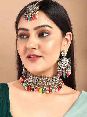 Rubans Gold Plated Handcrafted Multicolour  Pearls With Mirror Choker Set.