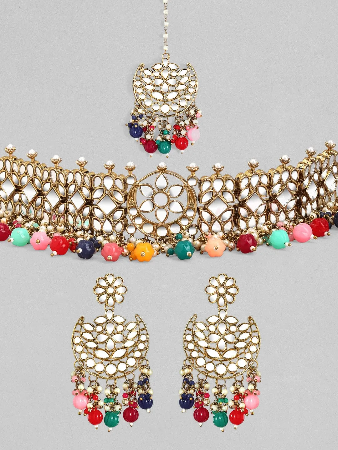 Rubans Gold Plated Handcrafted Multicolour  Pearls With Mirror Choker Set.