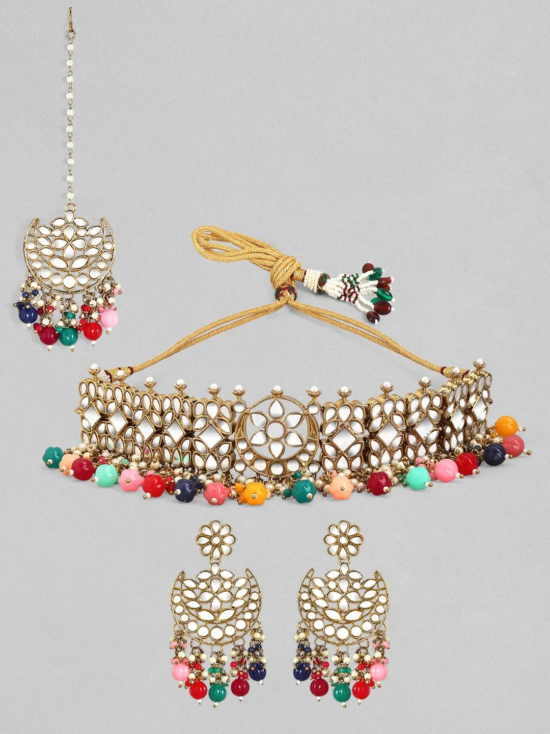 Rubans Gold Plated Handcrafted Multicolour  Pearls With Mirror Choker Set.