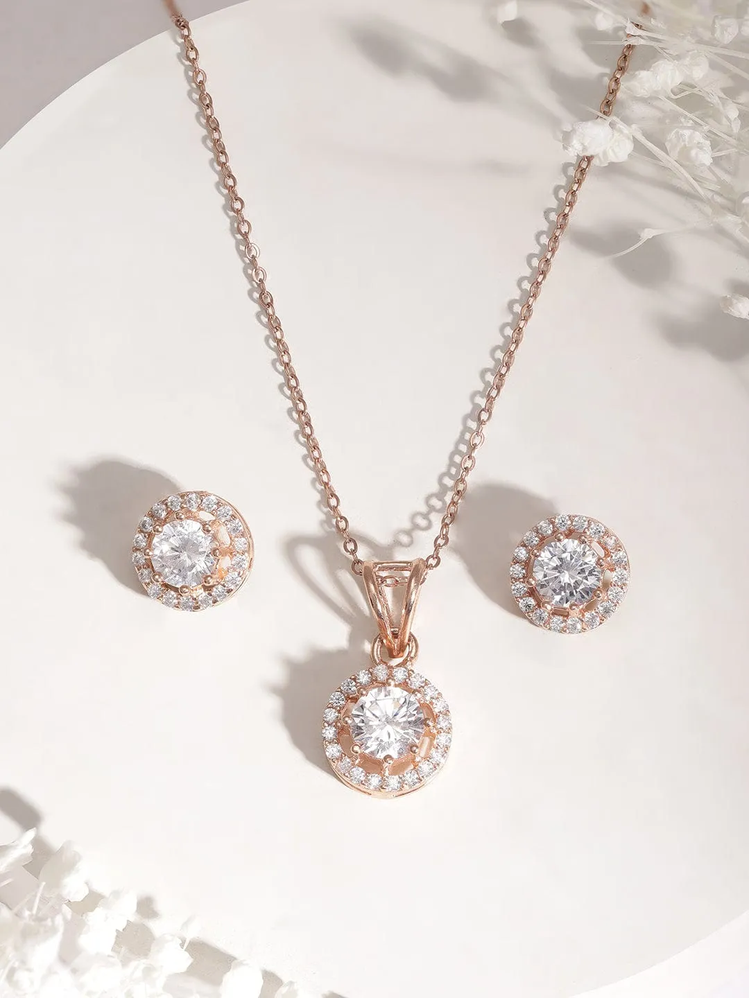 Rubans Voguish Rose Gold-Plated Cubic Zirconia Studded Pendant Set