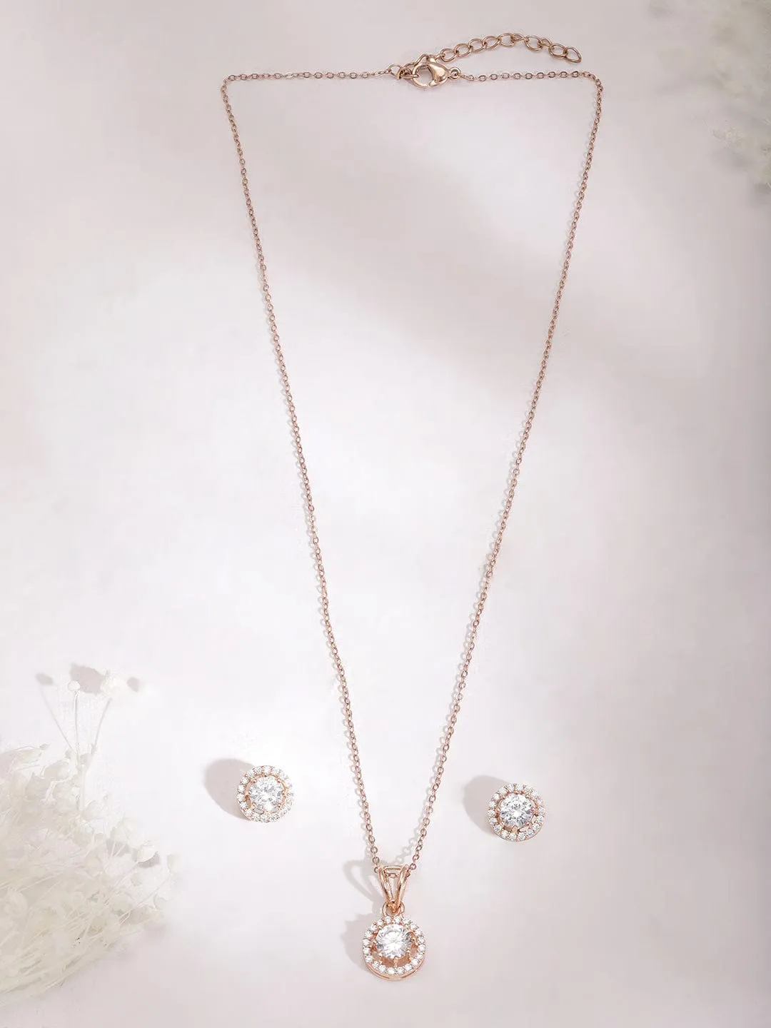 Rubans Voguish Rose Gold-Plated Cubic Zirconia Studded Pendant Set