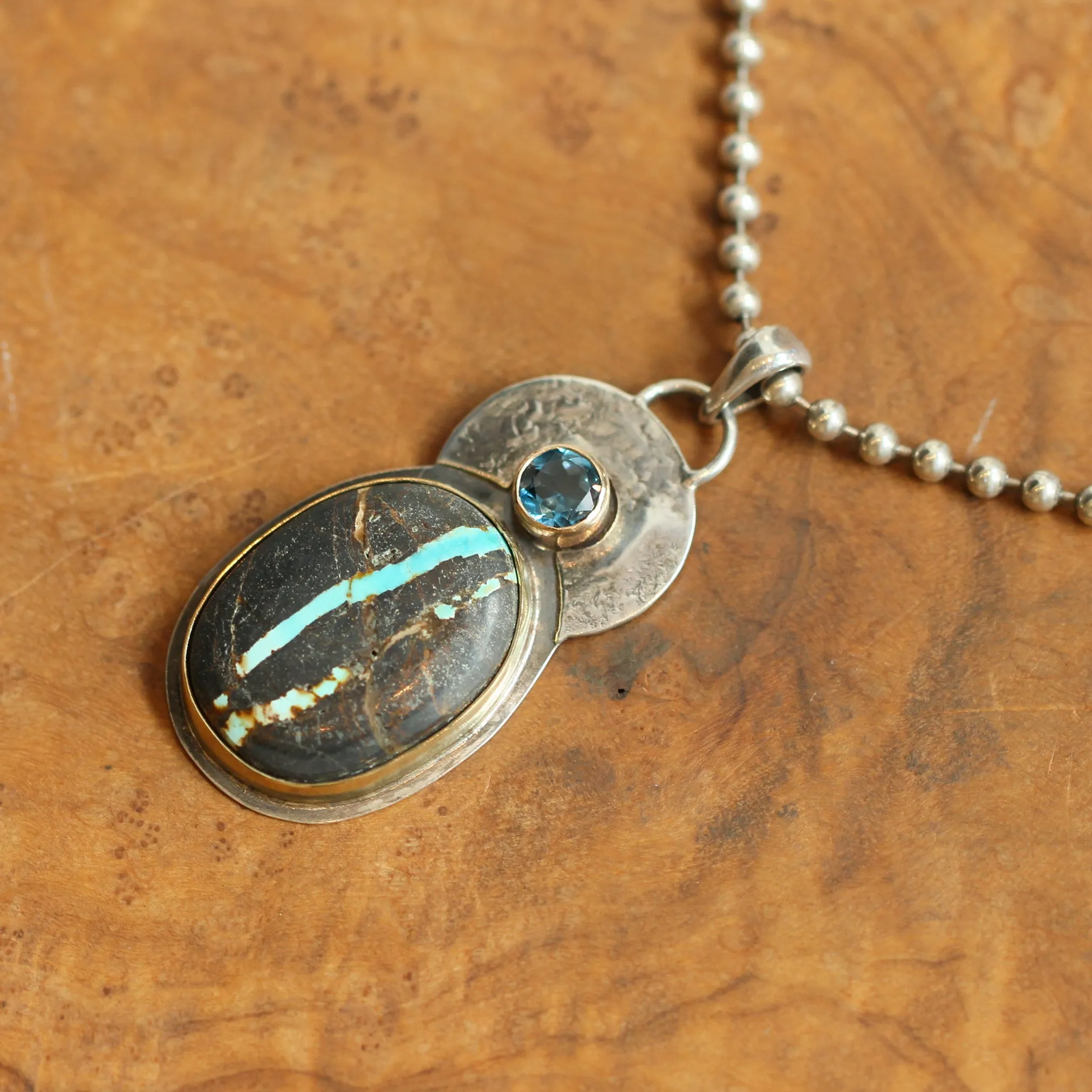 Sierra Nevada Boulder Turquoise Pendant - 14K Gold - London Blue Topaz - Solid Gold and .925 Sterling Silver