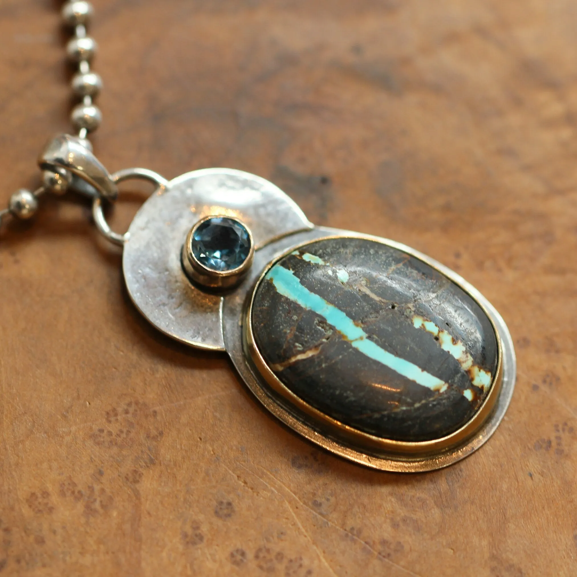 Sierra Nevada Boulder Turquoise Pendant - 14K Gold - London Blue Topaz - Solid Gold and .925 Sterling Silver