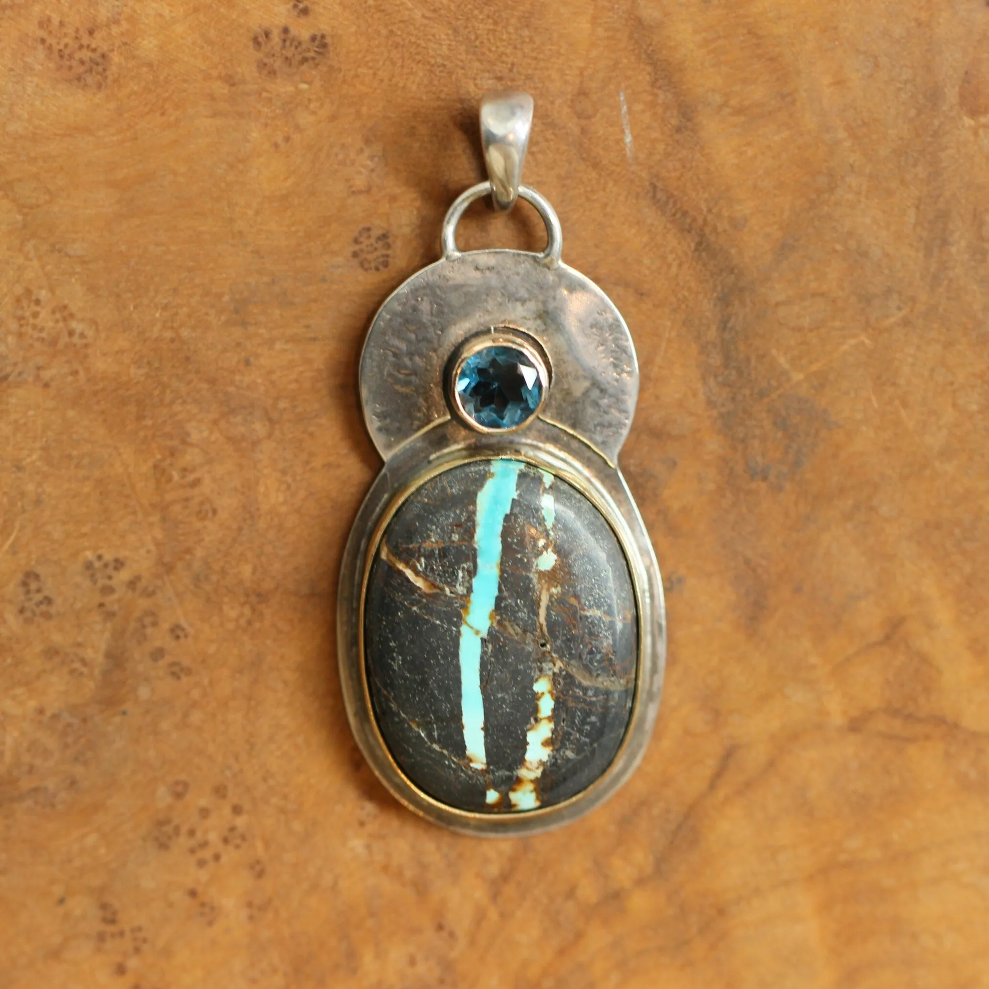 Sierra Nevada Boulder Turquoise Pendant - 14K Gold - London Blue Topaz - Solid Gold and .925 Sterling Silver