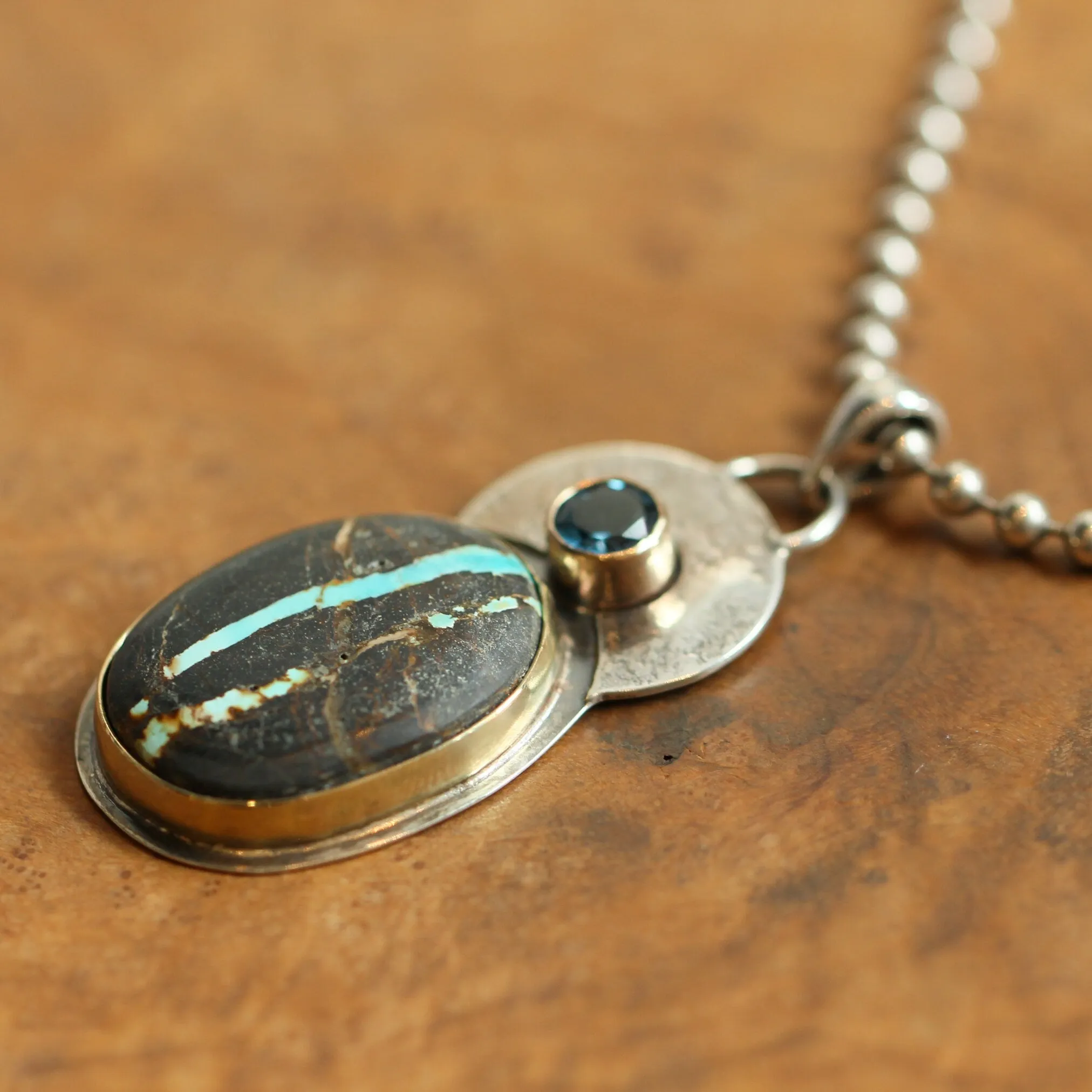 Sierra Nevada Boulder Turquoise Pendant - 14K Gold - London Blue Topaz - Solid Gold and .925 Sterling Silver