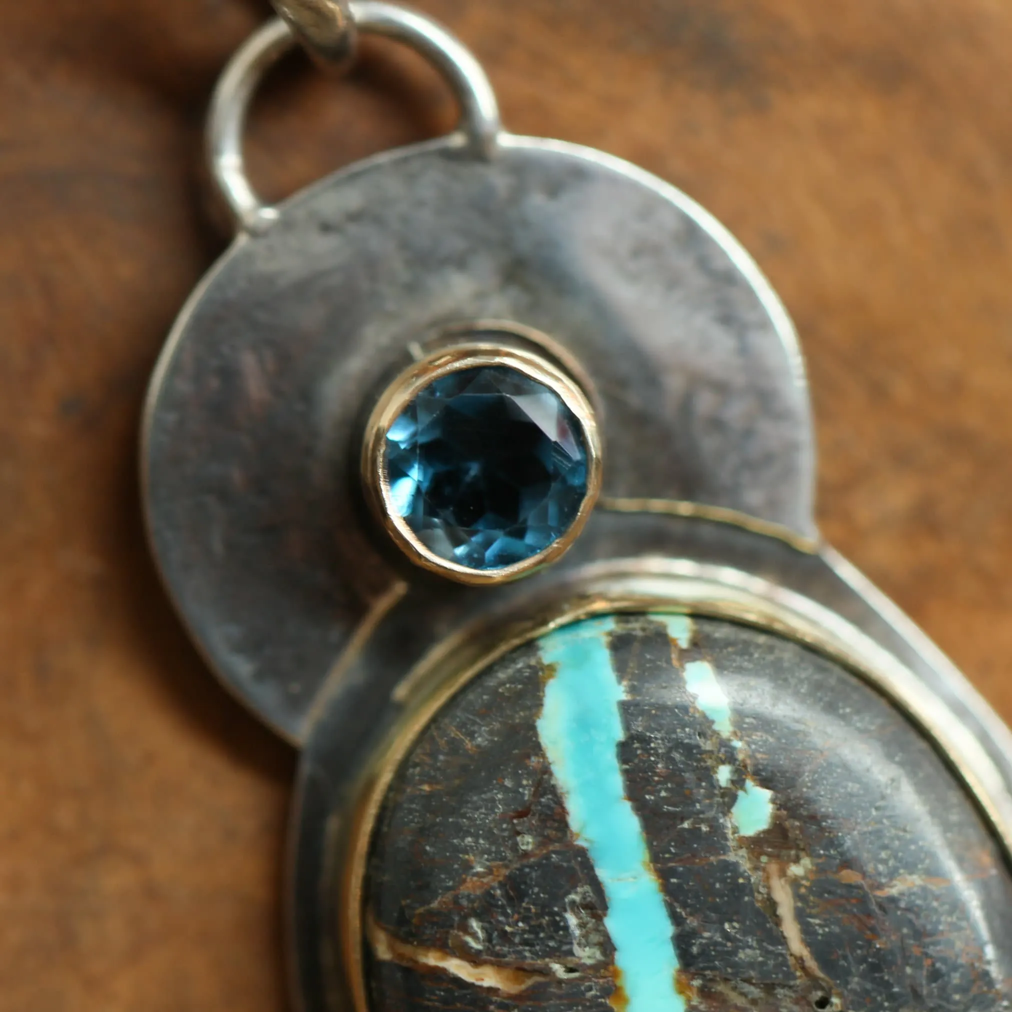 Sierra Nevada Boulder Turquoise Pendant - 14K Gold - London Blue Topaz - Solid Gold and .925 Sterling Silver