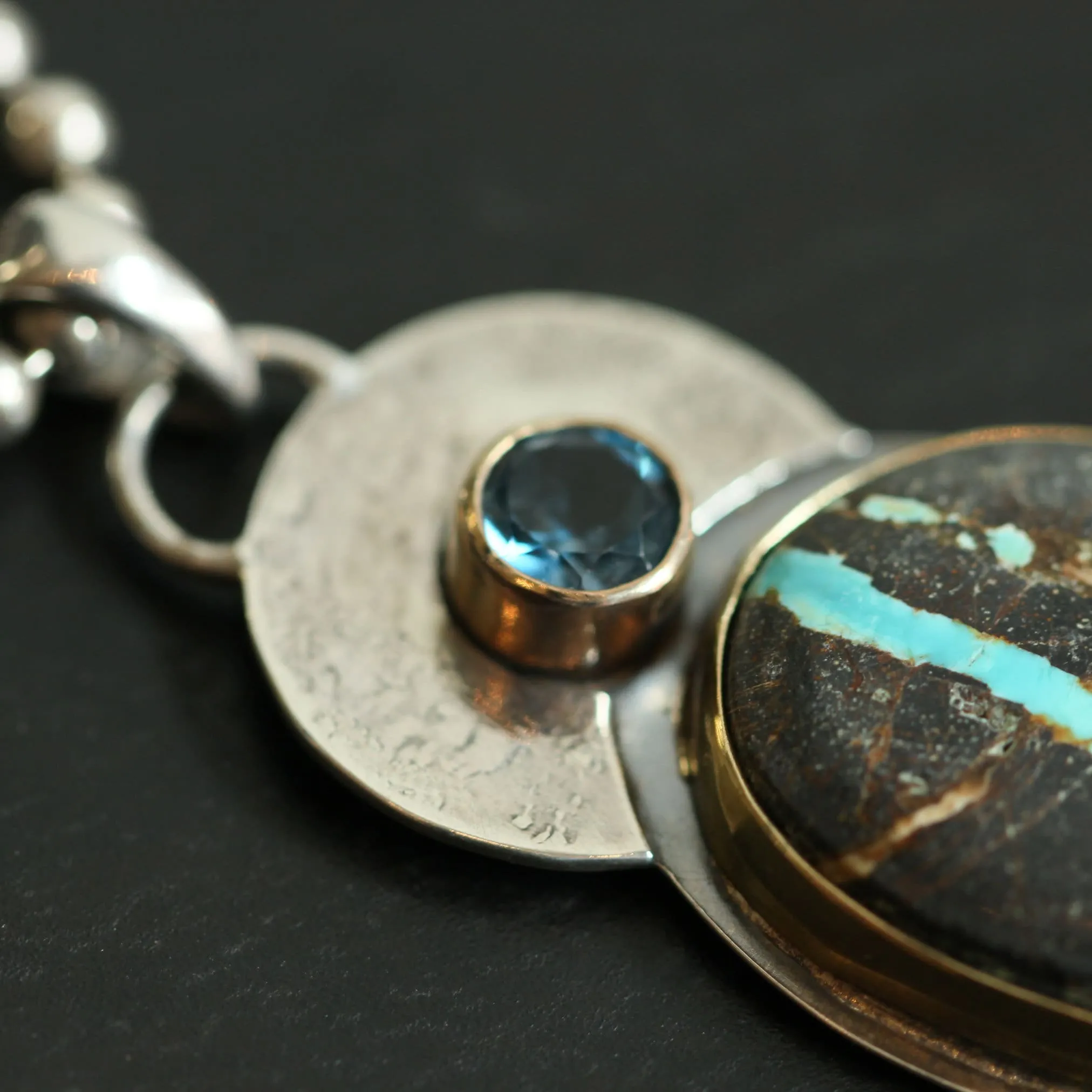 Sierra Nevada Boulder Turquoise Pendant - 14K Gold - London Blue Topaz - Solid Gold and .925 Sterling Silver