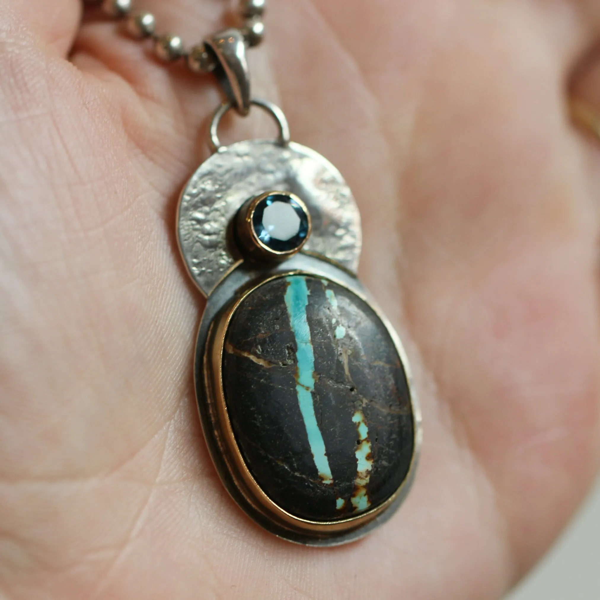 Sierra Nevada Boulder Turquoise Pendant - 14K Gold - London Blue Topaz - Solid Gold and .925 Sterling Silver