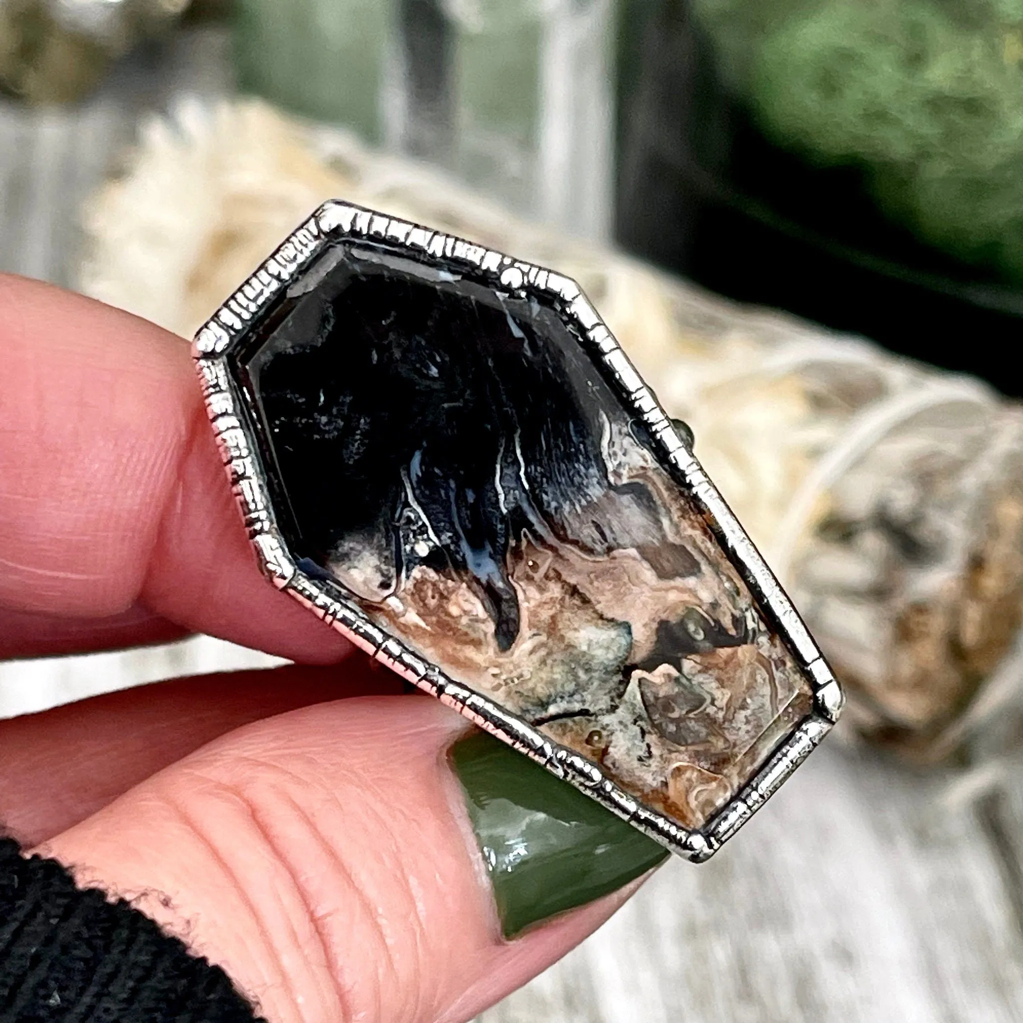 Size 10 Fossilized Palm Root Coffin Statement Ring in Fine Silver / Foxlark Collection - One of a Kind