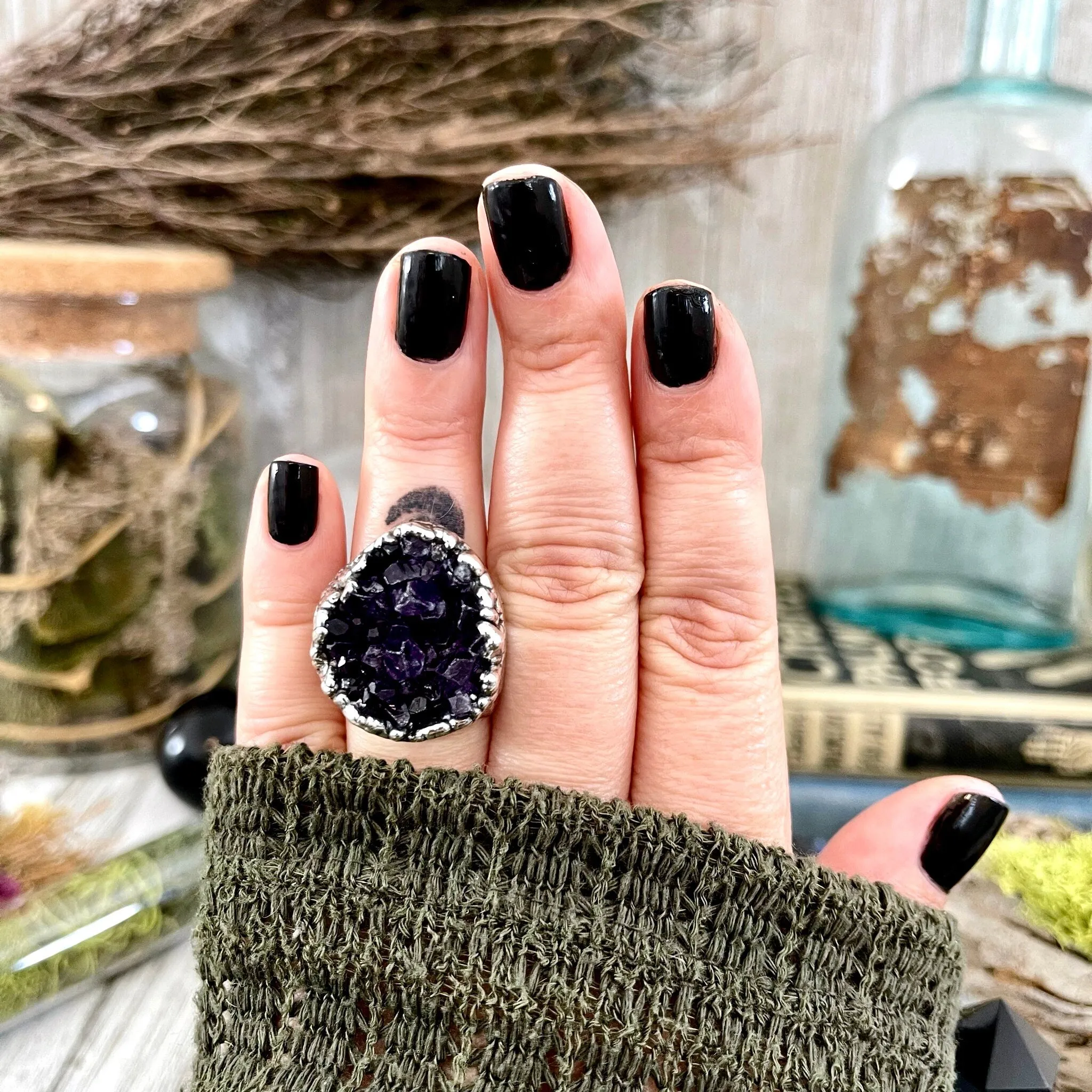 Size 6.5 Big Raw Amethyst Purple Crystal Cluster Ring in Fine Silver / Foxlark Collection - One of a Kind