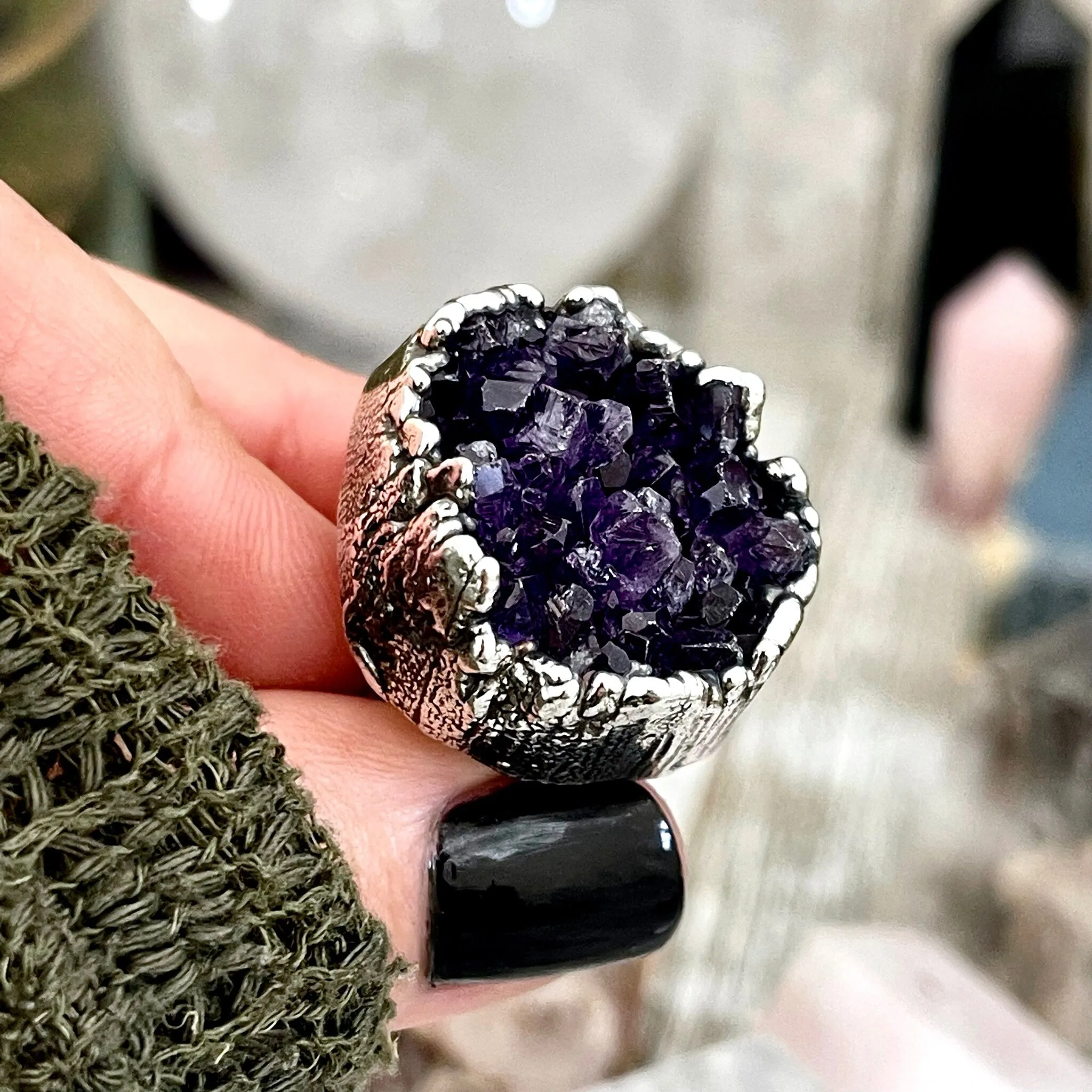 Size 6.5 Big Raw Amethyst Purple Crystal Cluster Ring in Fine Silver / Foxlark Collection - One of a Kind