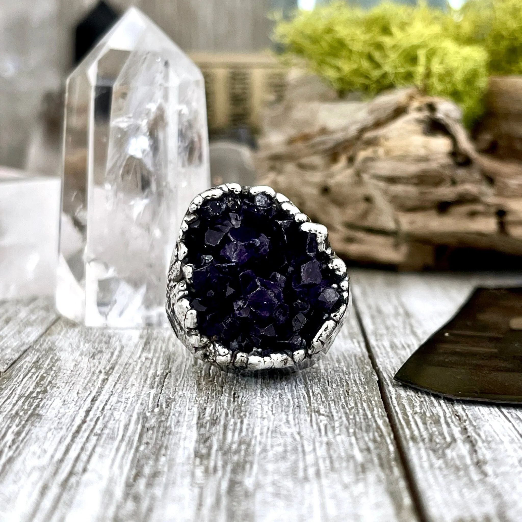 Size 6.5 Big Raw Amethyst Purple Crystal Cluster Ring in Fine Silver / Foxlark Collection - One of a Kind