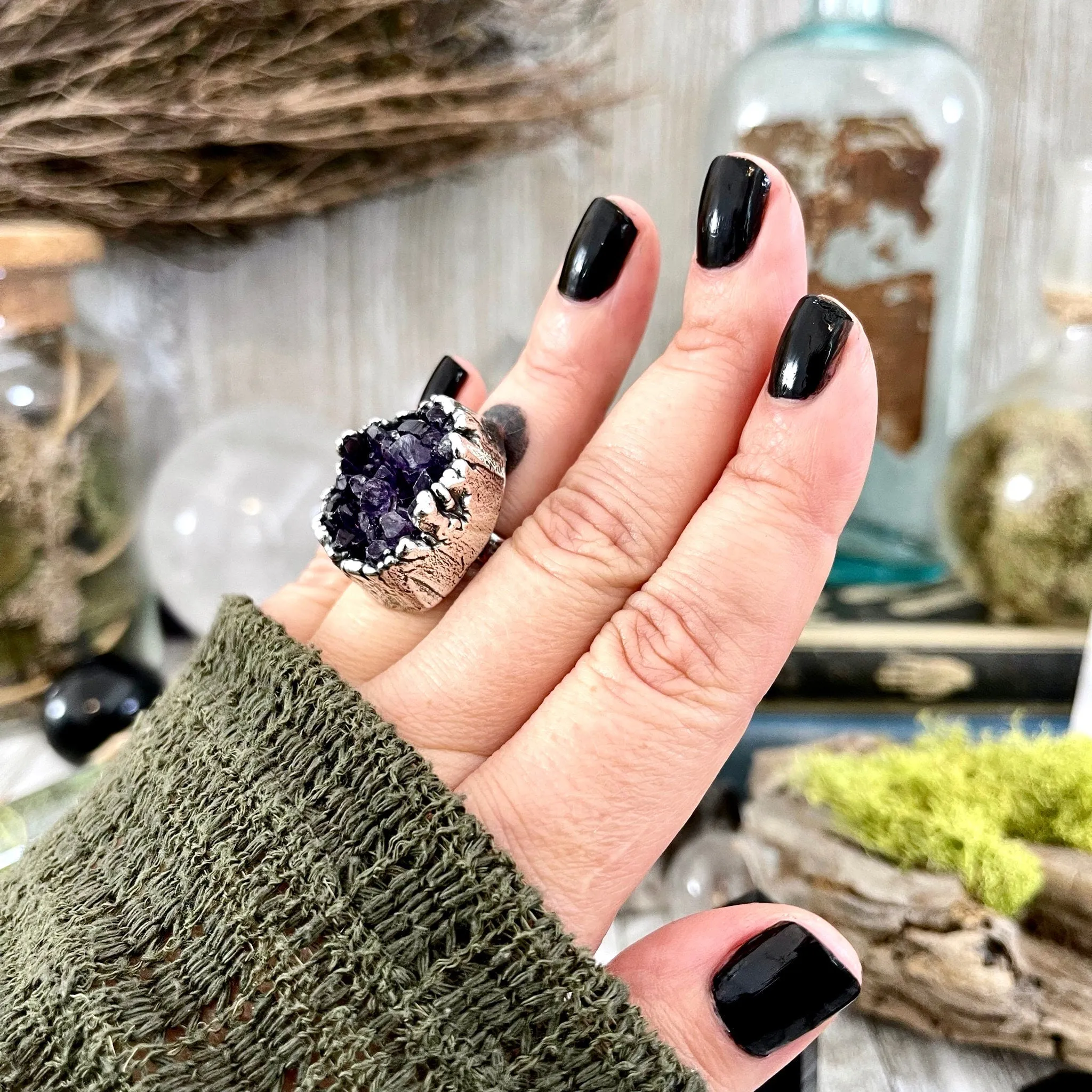 Size 6.5 Big Raw Amethyst Purple Crystal Cluster Ring in Fine Silver / Foxlark Collection - One of a Kind