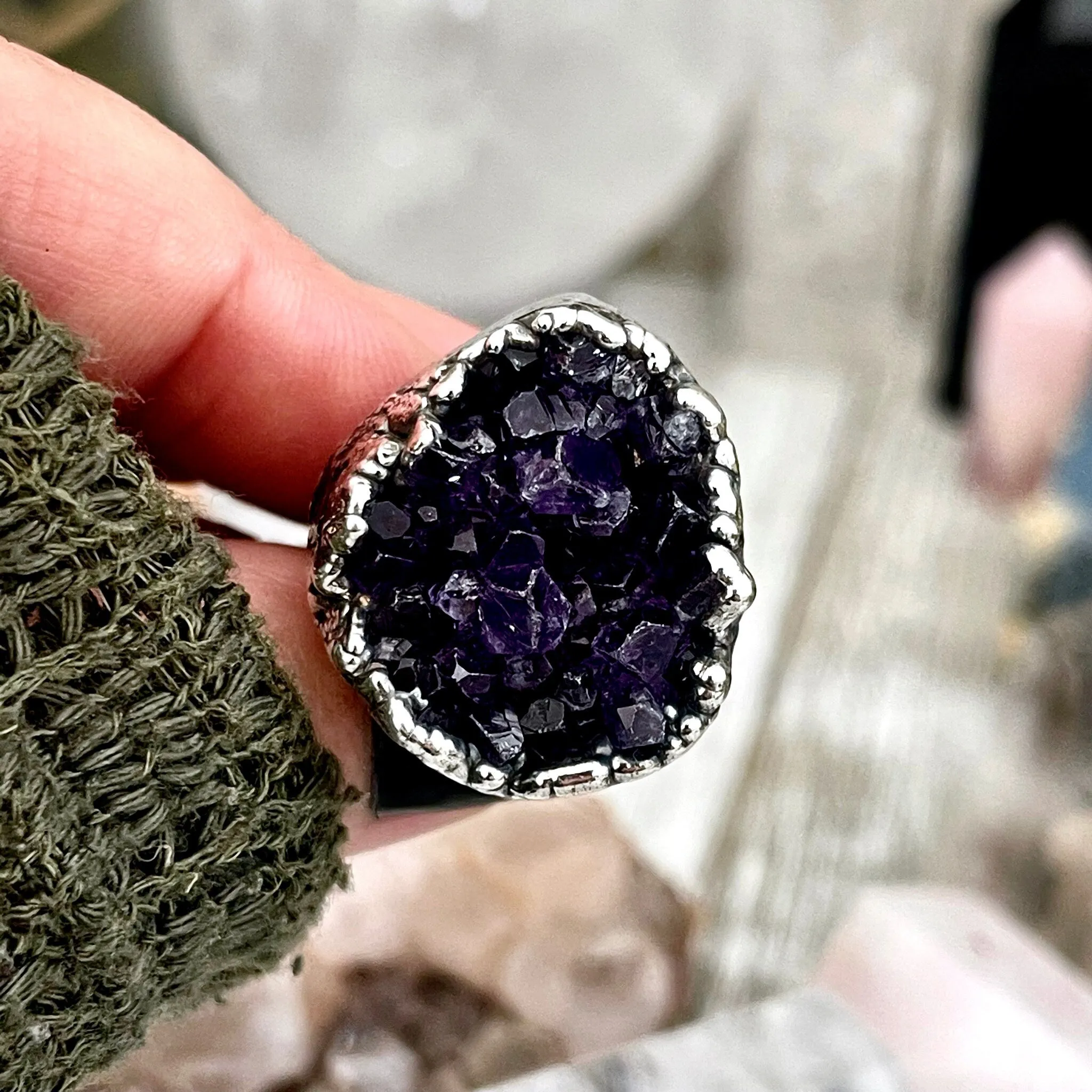 Size 6.5 Big Raw Amethyst Purple Crystal Cluster Ring in Fine Silver / Foxlark Collection - One of a Kind