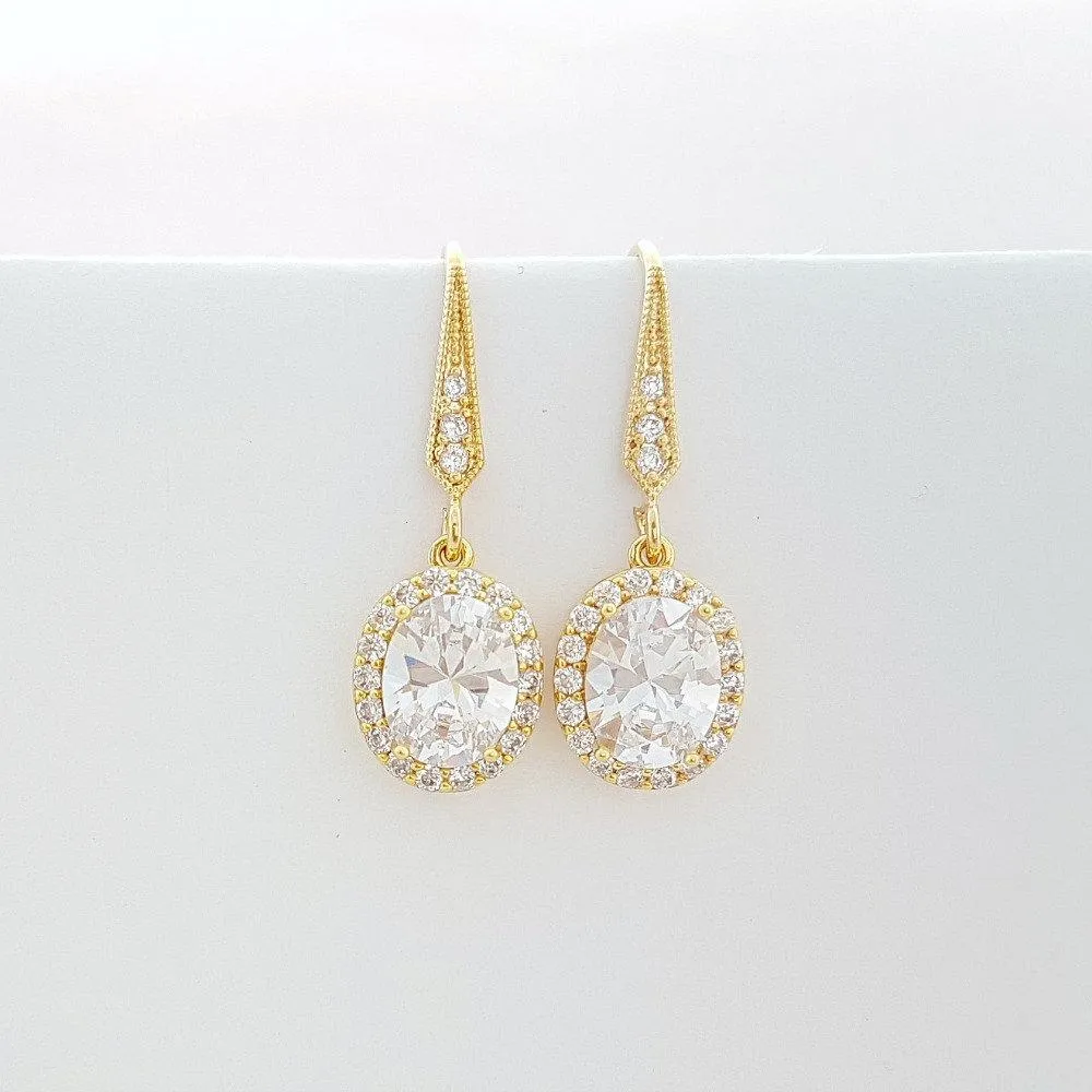 Small Gold Dangle Earrings With Oval CZ Drops-Emily