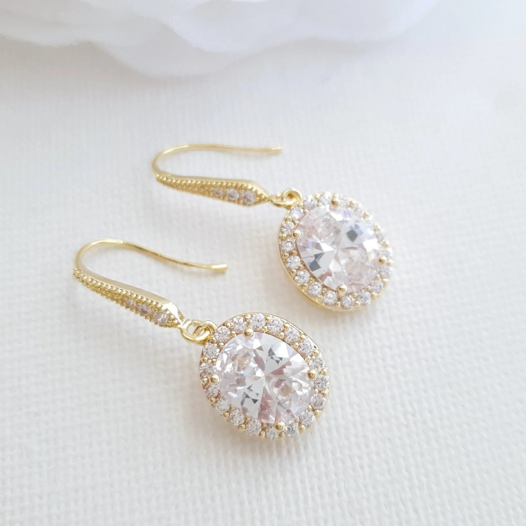 Small Gold Dangle Earrings With Oval CZ Drops-Emily