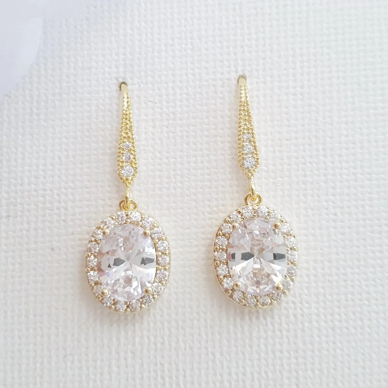 Small Gold Dangle Earrings With Oval CZ Drops-Emily