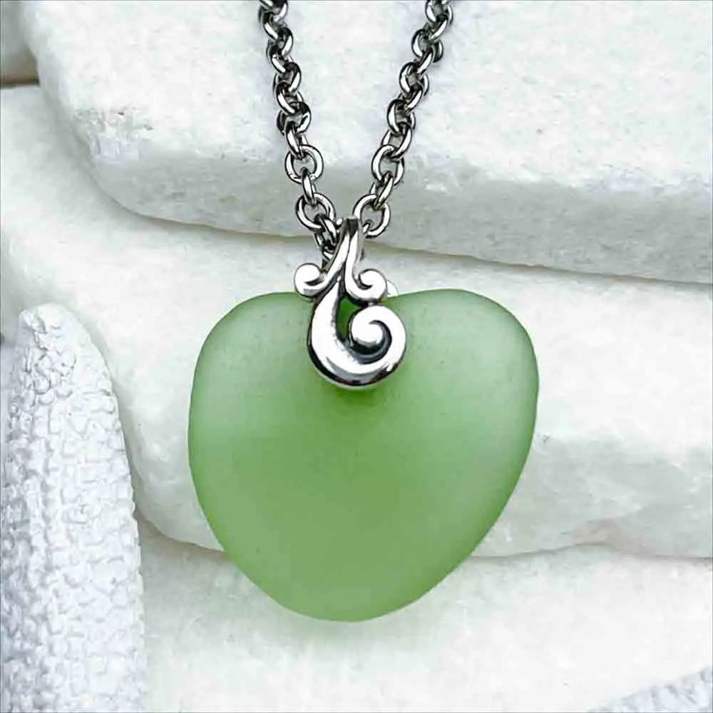 Soda-Pop Seafoam Sea Glass Heart Pendant with Ocean Waves Sterling Silver Bail | #1990