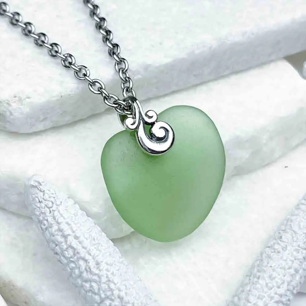 Soda-Pop Seafoam Sea Glass Heart Pendant with Ocean Waves Sterling Silver Bail | #1990