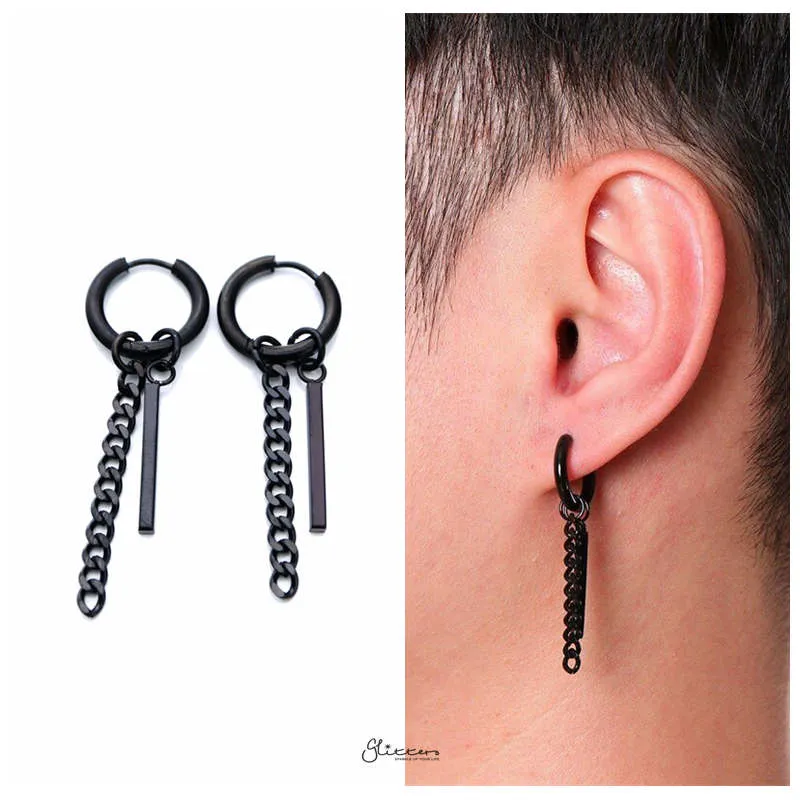 Stainless Steel Drop Bar with Chain Huggie Hoop Earrings - Black