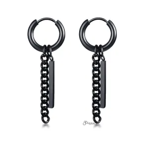 Stainless Steel Drop Bar with Chain Huggie Hoop Earrings - Black