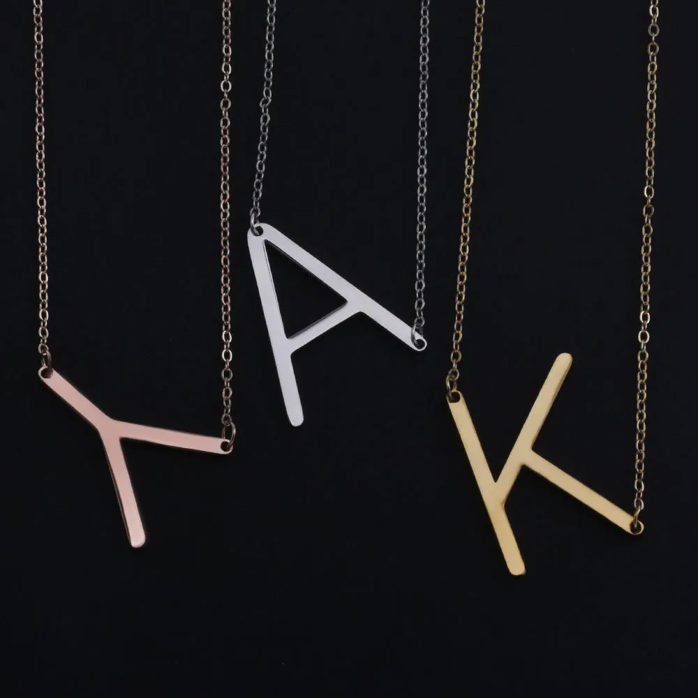 Stainless steel large initial necklace Gold Sideways Initial Necklace Side Letter Pendant Necklace oversize letter sideway initial gift 1pcs