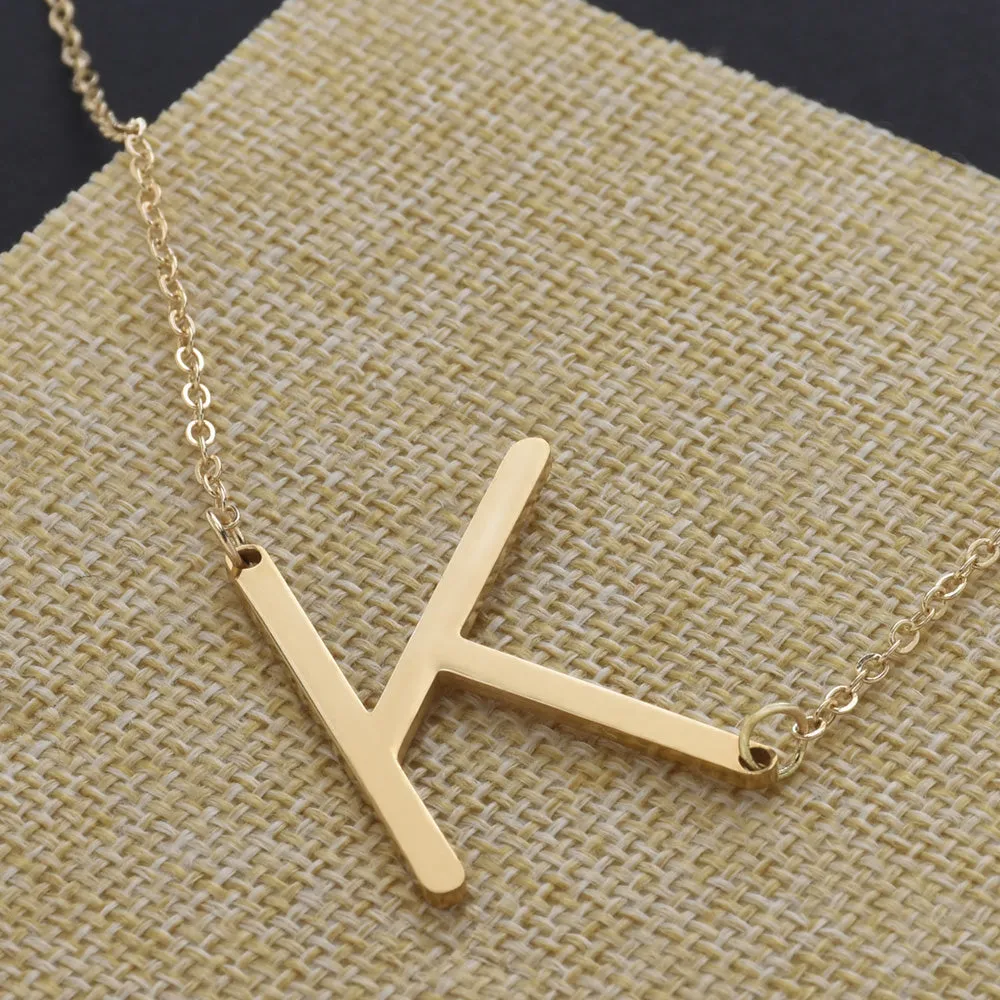 Stainless steel large initial necklace Gold Sideways Initial Necklace Side Letter Pendant Necklace oversize letter sideway initial gift 1pcs