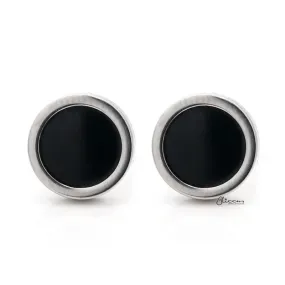 Stainless Steel Round Stud Earrings with Black Center