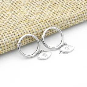 Sterling Silver CZ Eye Shaped Charm Huggie Hoop Earrings - Silver