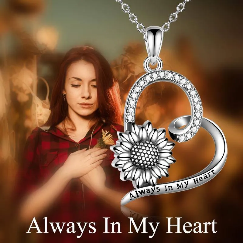 Sterling Silver Sunflower Heart-shaped Urn With Oxidized Pendant Necklace For Women