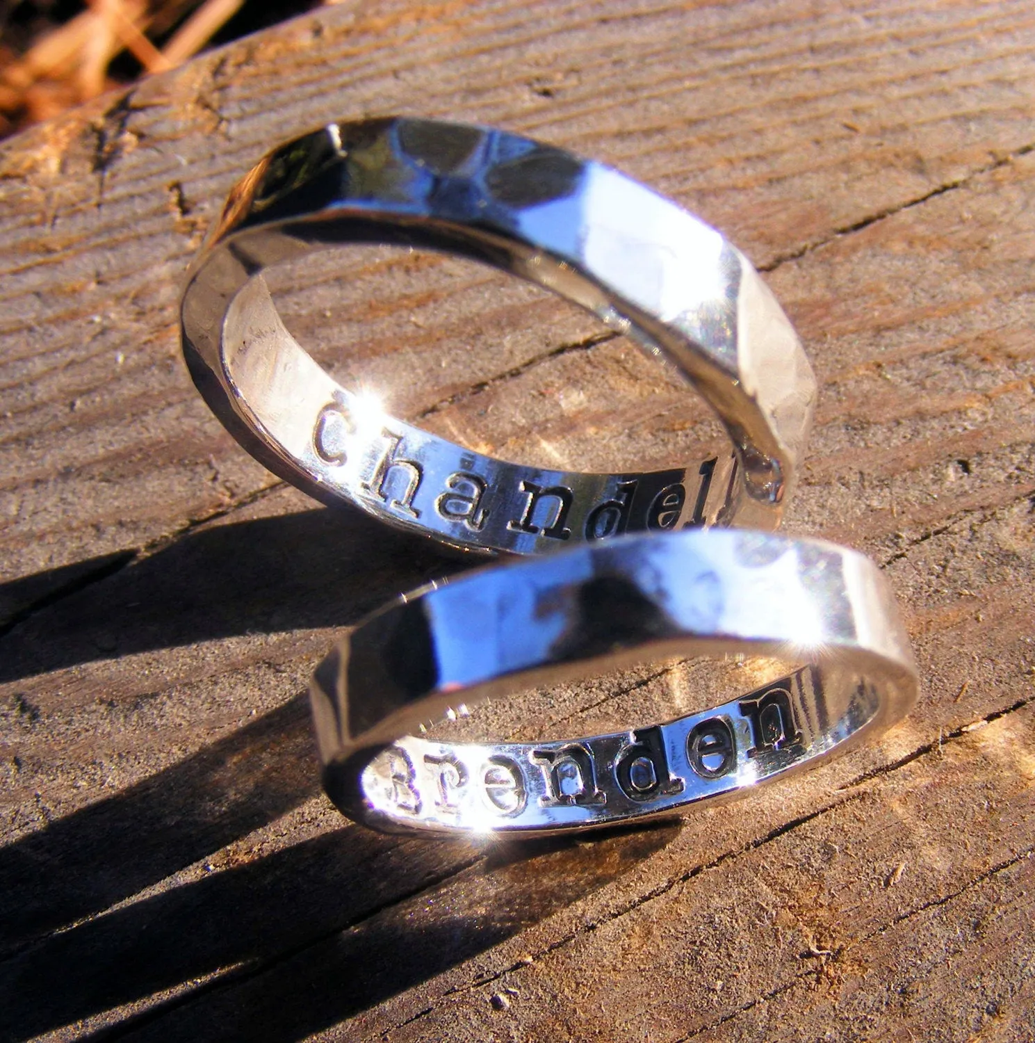 Sterling Silver Wedding Ring Band Set, Men, Womens, Couples Ring Set, Custom, Personalized, Engraved, Hand Stamped, Engagement Promise Ring