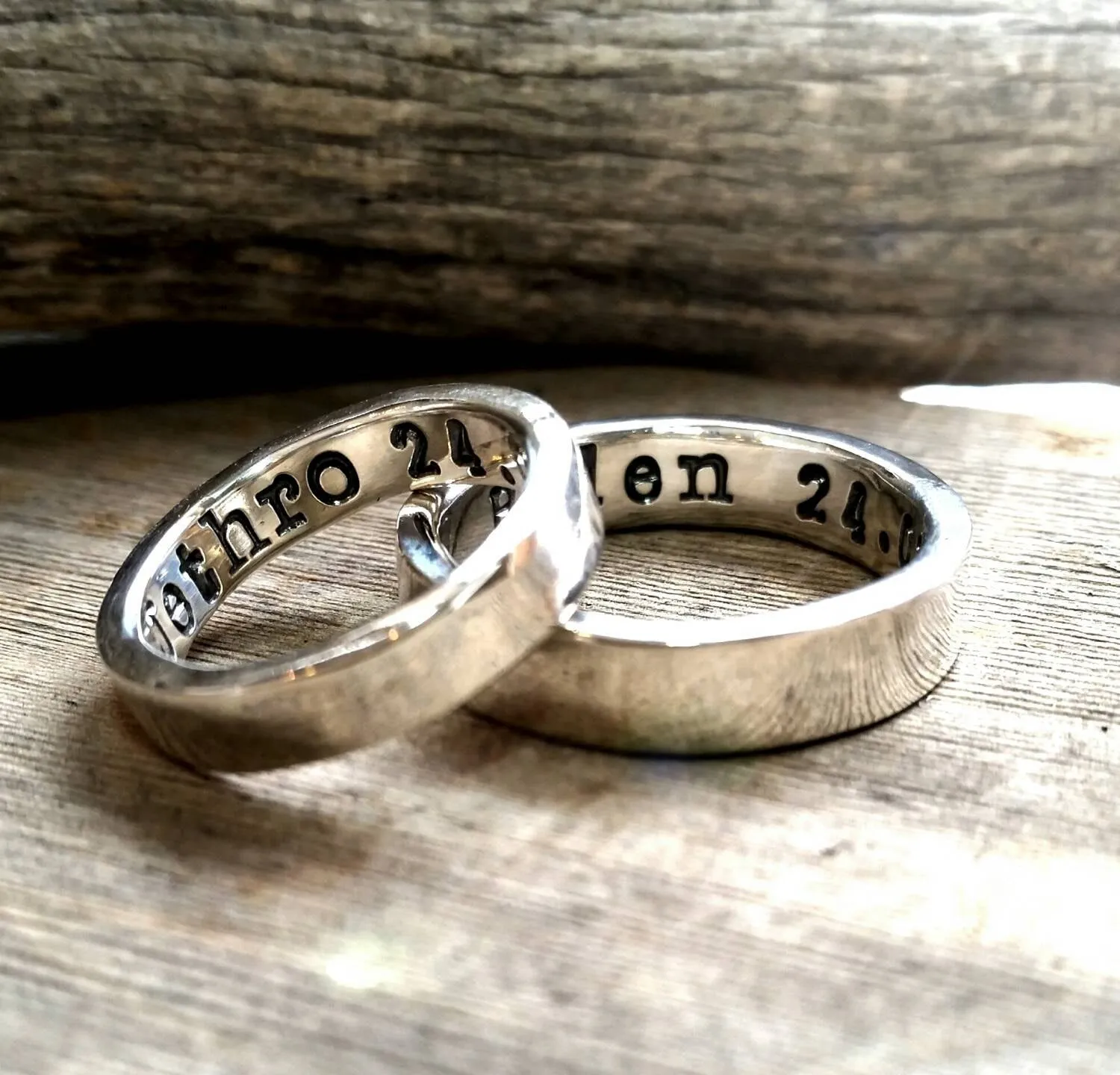 Sterling Silver Wedding Ring Band Set, Men, Womens, Couples Ring Set, Custom, Personalized, Engraved, Hand Stamped, Engagement Promise Ring