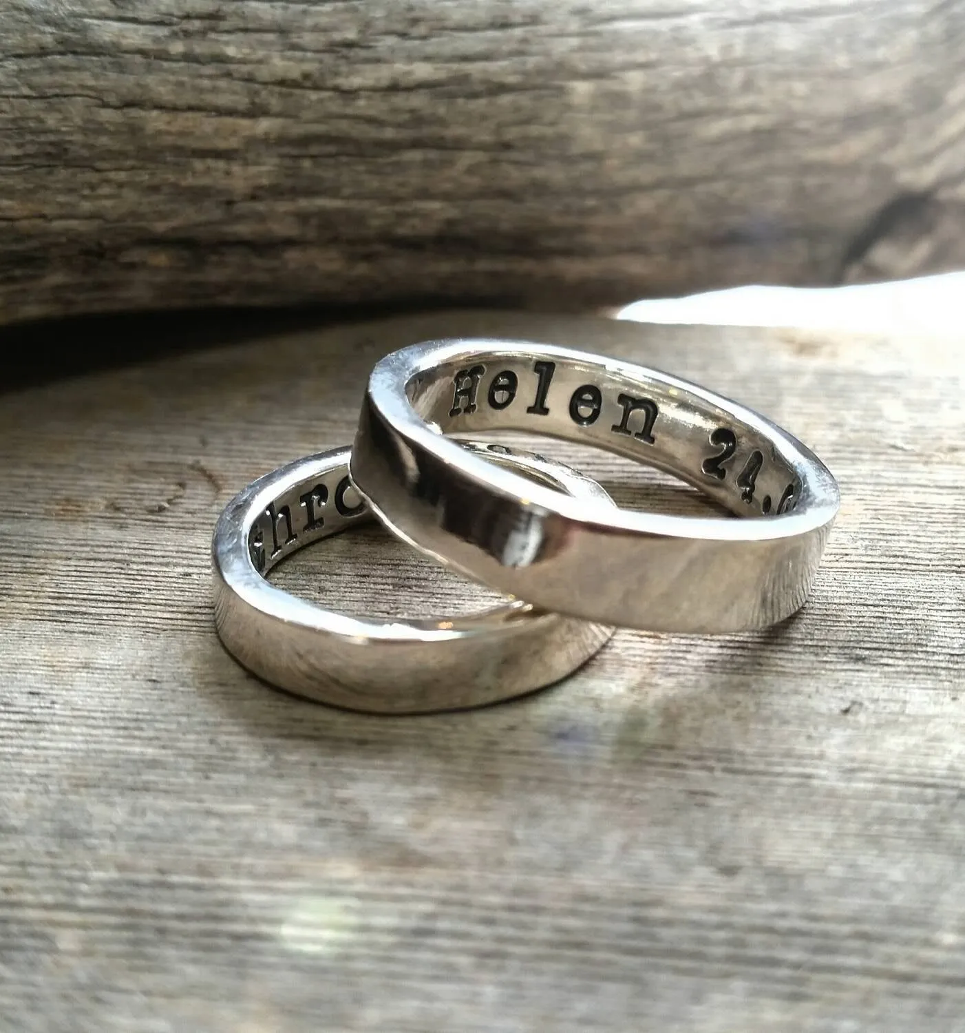 Sterling Silver Wedding Ring Band Set, Men, Womens, Couples Ring Set, Custom, Personalized, Engraved, Hand Stamped, Engagement Promise Ring