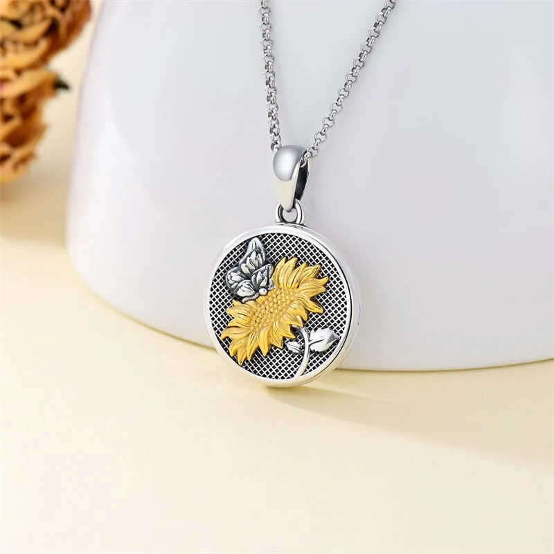 Sunflower Butterfly Triple Moon Rose Locket Necklace Sterling Silver Photo Necklace that Hold Pictures for Mother Women