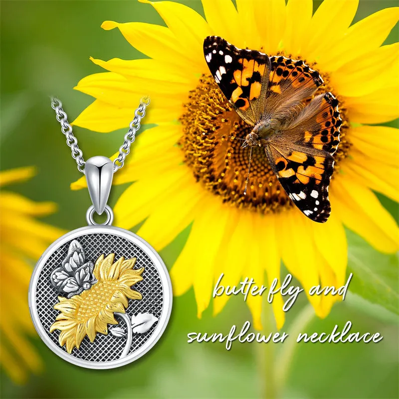 Sunflower Butterfly Triple Moon Rose Locket Necklace Sterling Silver Photo Necklace that Hold Pictures for Mother Women