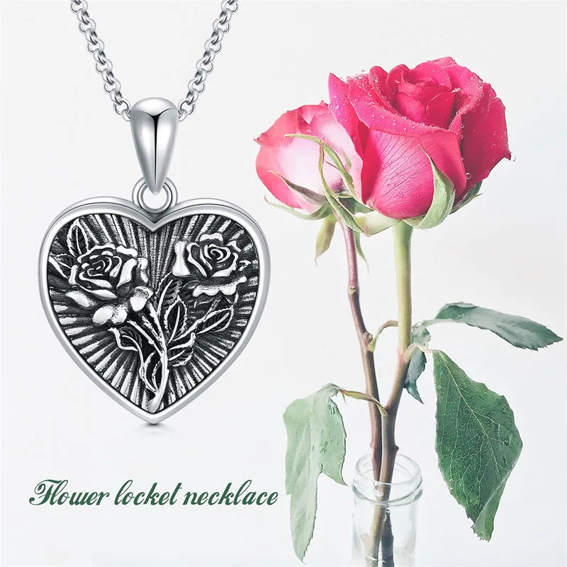 Sunflower Butterfly Triple Moon Rose Locket Necklace Sterling Silver Photo Necklace that Hold Pictures for Mother Women