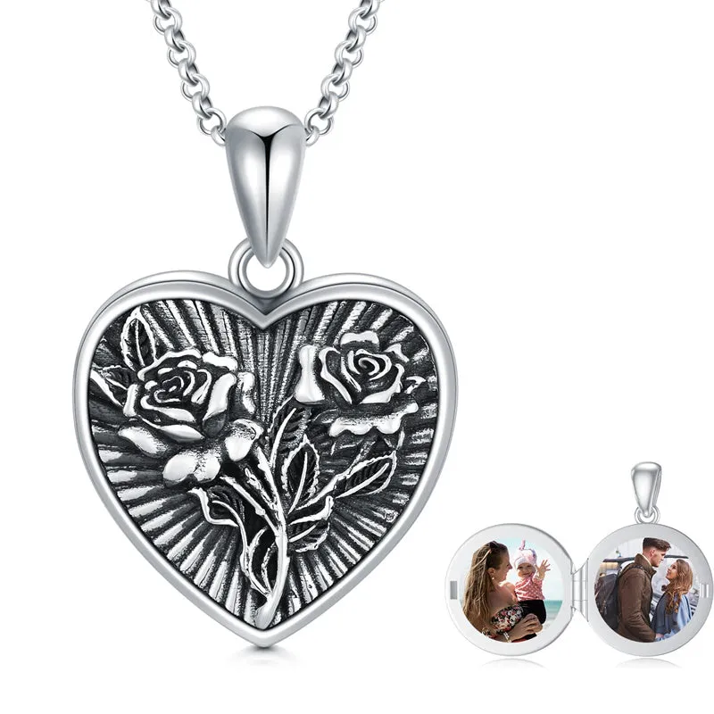 Sunflower Butterfly Triple Moon Rose Locket Necklace Sterling Silver Photo Necklace that Hold Pictures for Mother Women