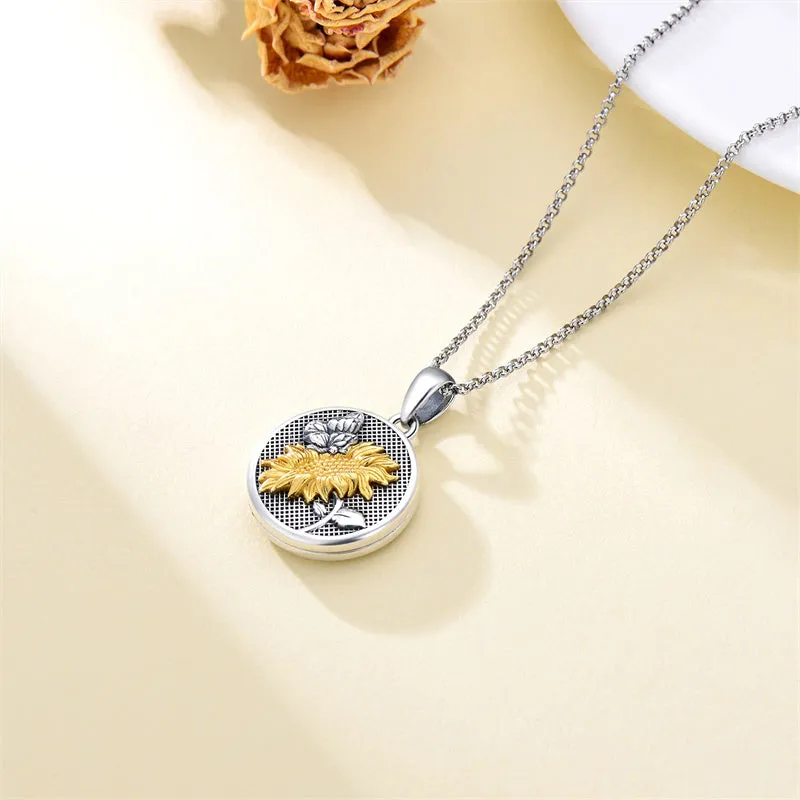 Sunflower Butterfly Triple Moon Rose Locket Necklace Sterling Silver Photo Necklace that Hold Pictures for Mother Women