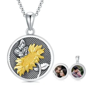 Sunflower Butterfly Triple Moon Rose Locket Necklace Sterling Silver Photo Necklace that Hold Pictures for Mother Women