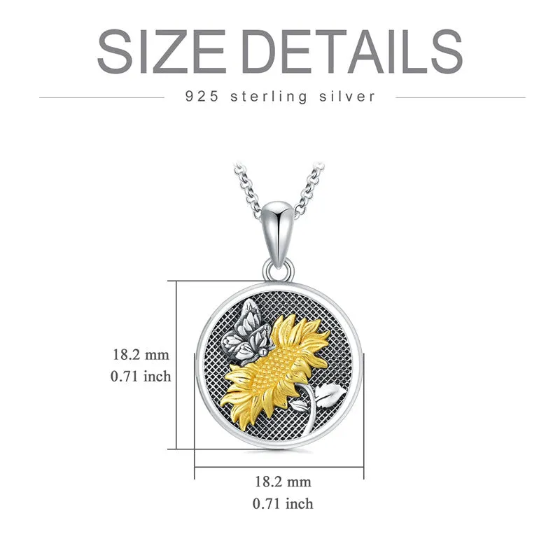 Sunflower Butterfly Triple Moon Rose Locket Necklace Sterling Silver Photo Necklace that Hold Pictures for Mother Women