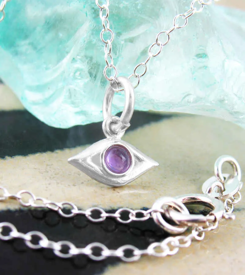 Tiny Evil Eye Protective Charm With Amethyst Cabochon