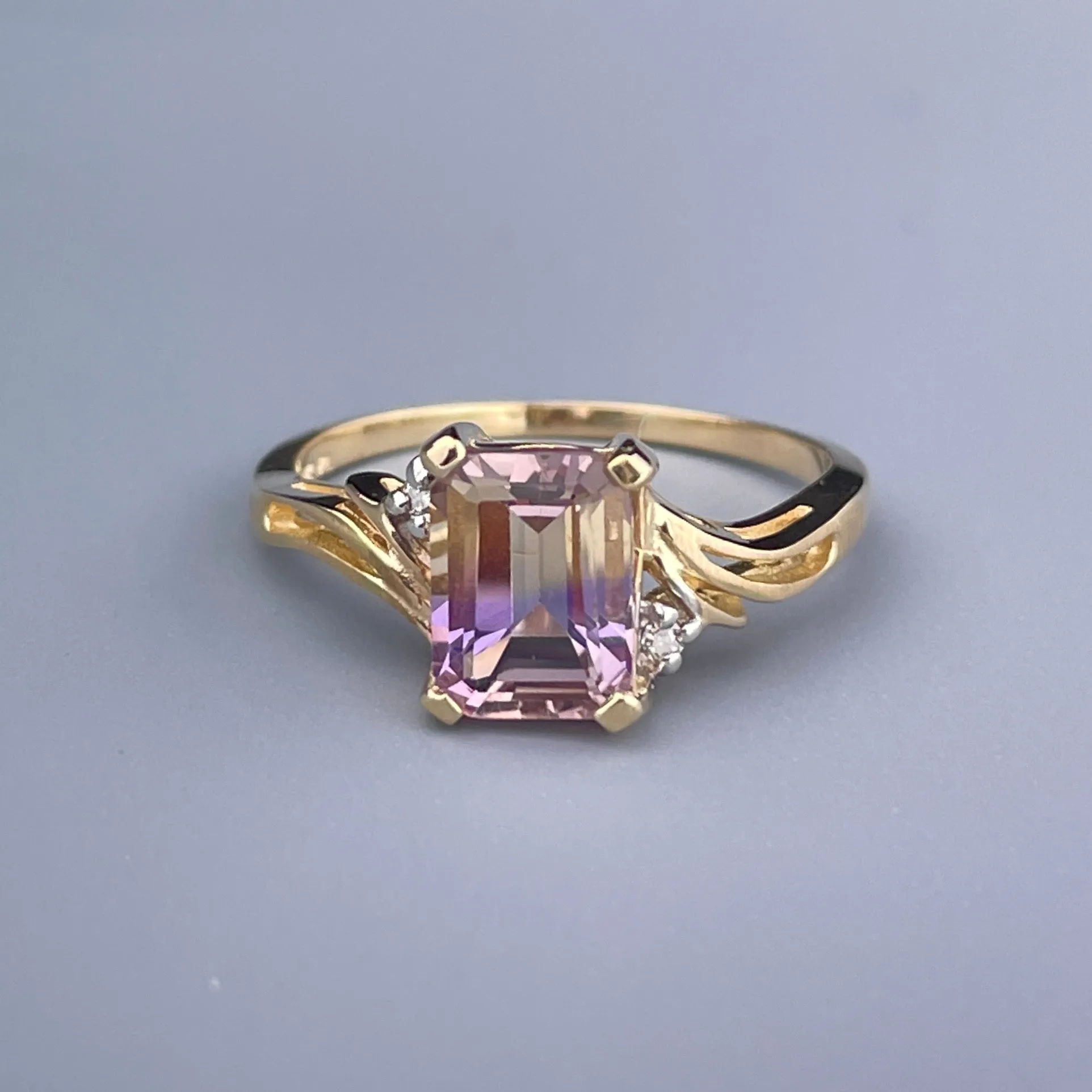 Vintage 14K Gold Diamond Ametrine Cocktail Ring, Sz 7 1/2