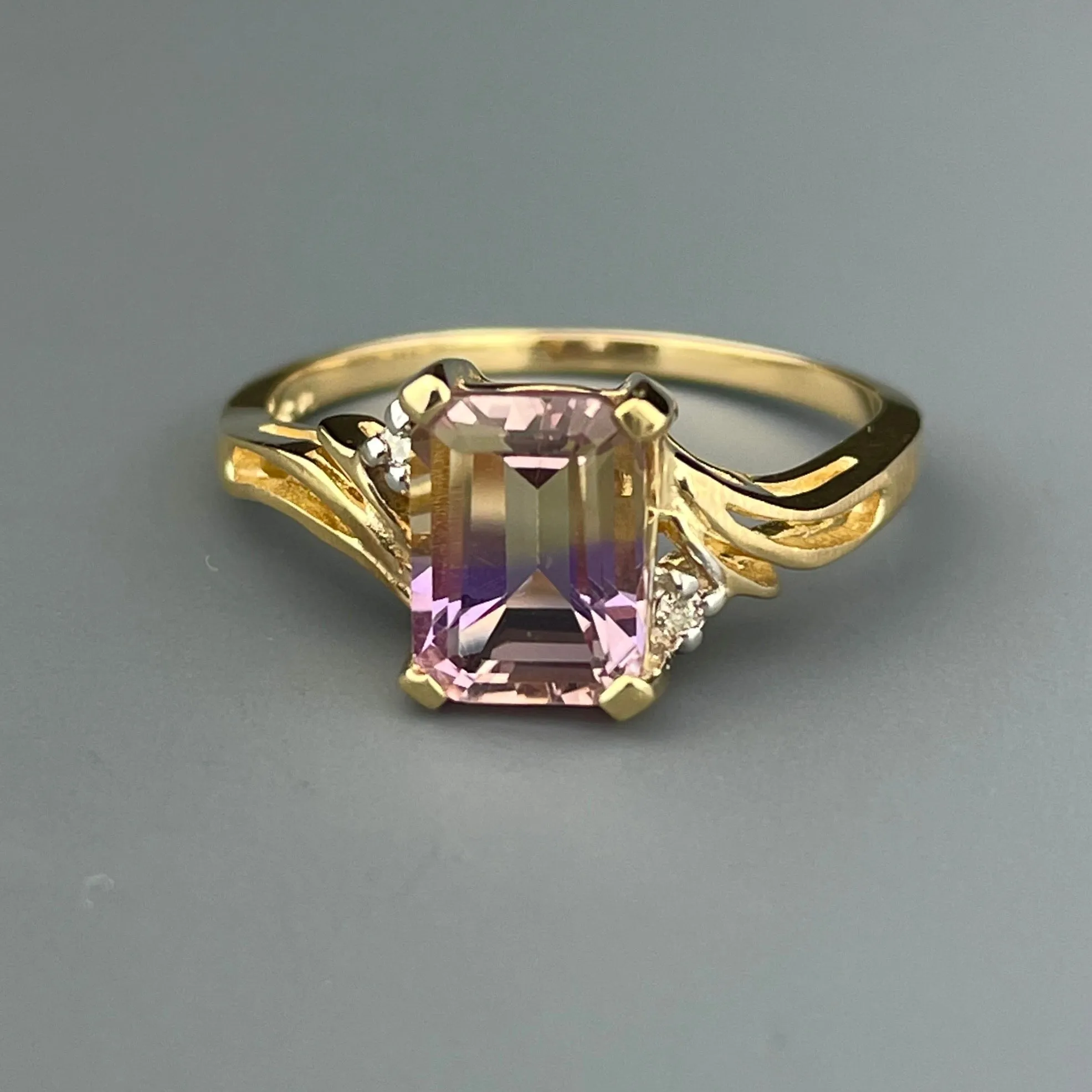 Vintage 14K Gold Diamond Ametrine Cocktail Ring, Sz 7 1/2