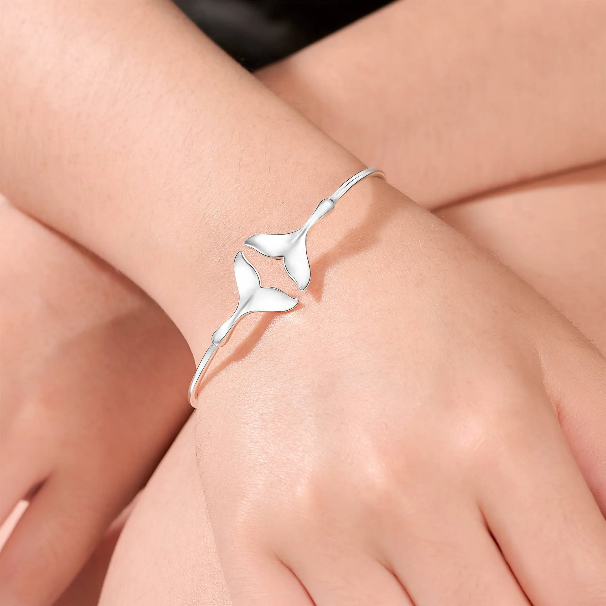 Whale Tail Silver Bangle Bracelet Adjustable