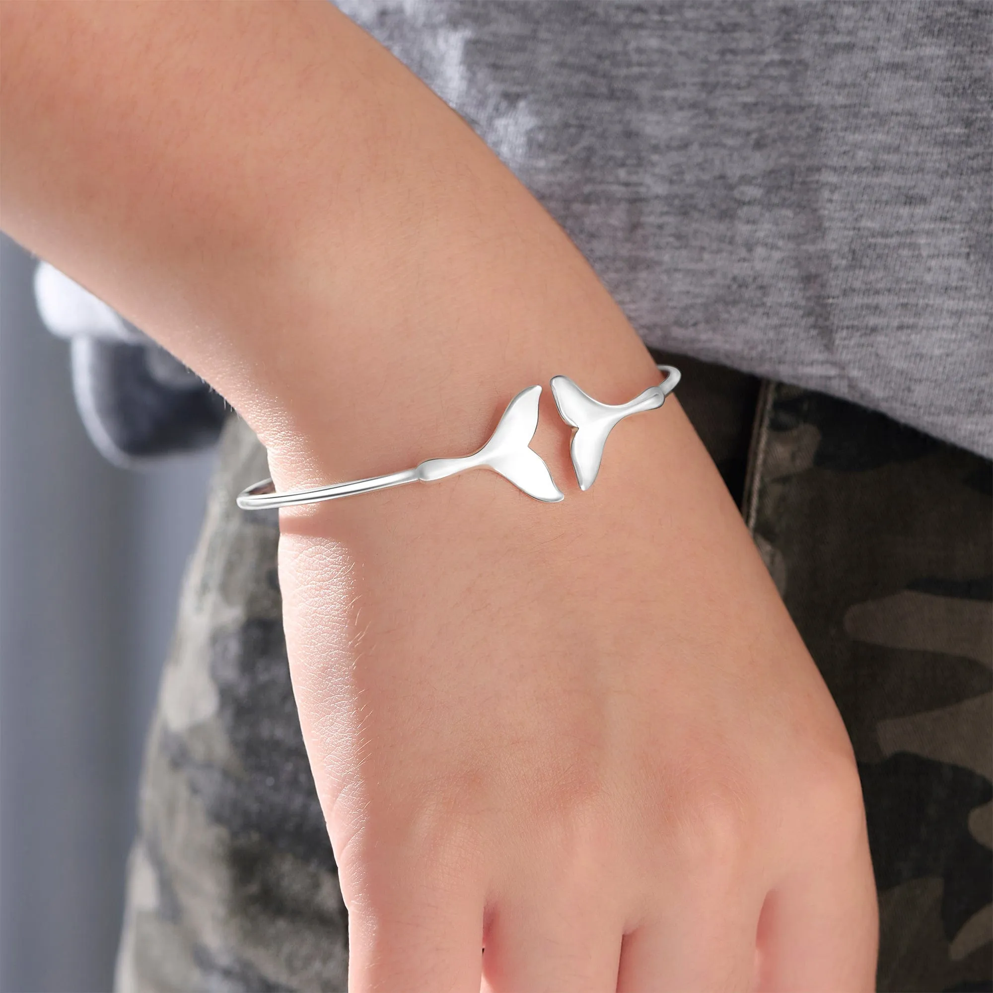 Whale Tail Silver Bangle Bracelet Adjustable